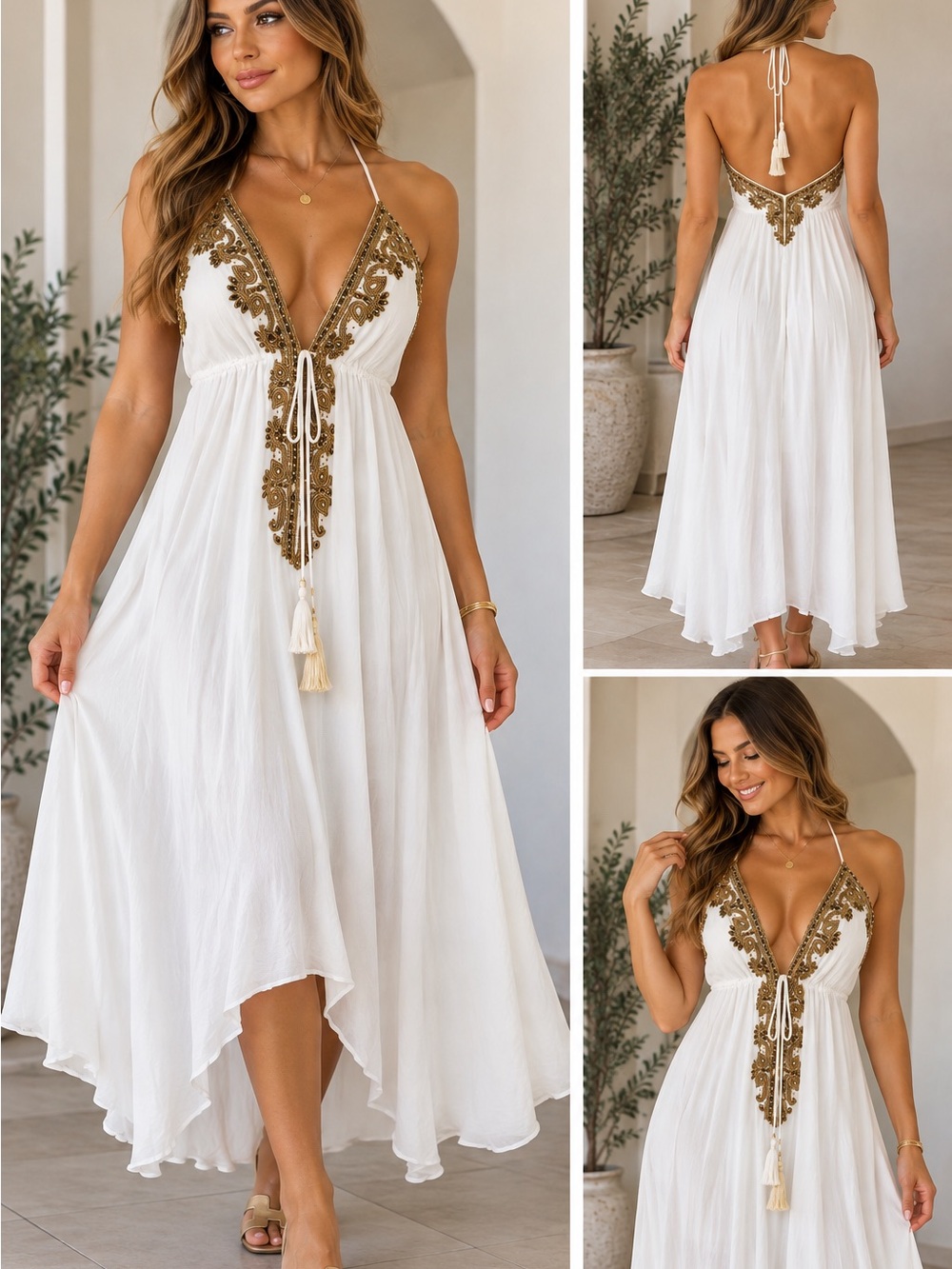 White Halter Maxi Dress with Gold Embroidered Trim